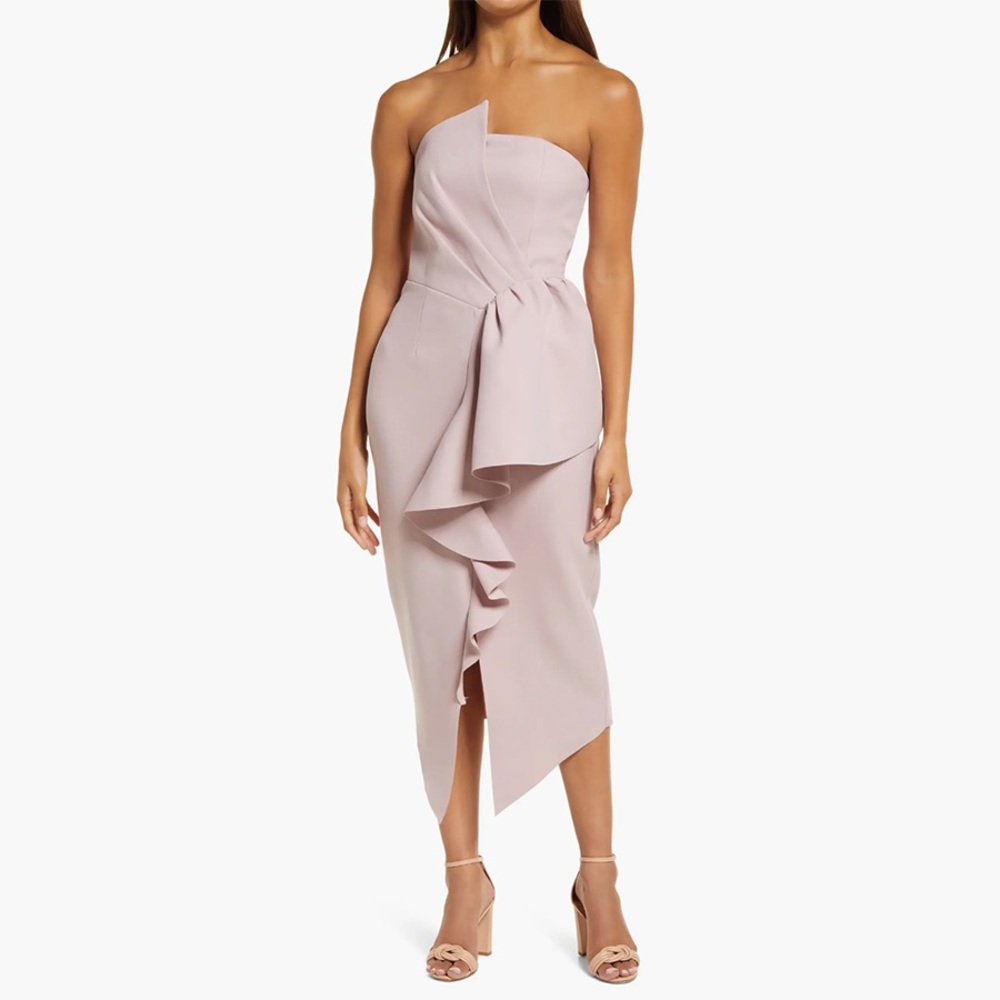 Elliatt Dusty Pink One-Shoulder Ruffle Midi Dress